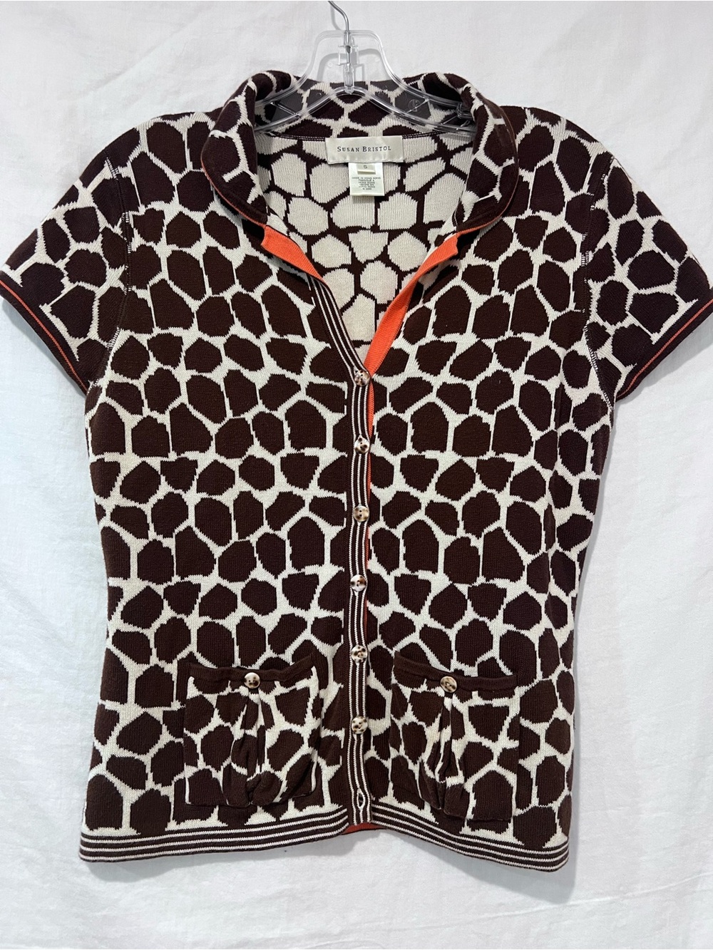 Susan Bristol 100% Cotton Giraffe Print Knit Polo Cardigan Sweater | Size Small